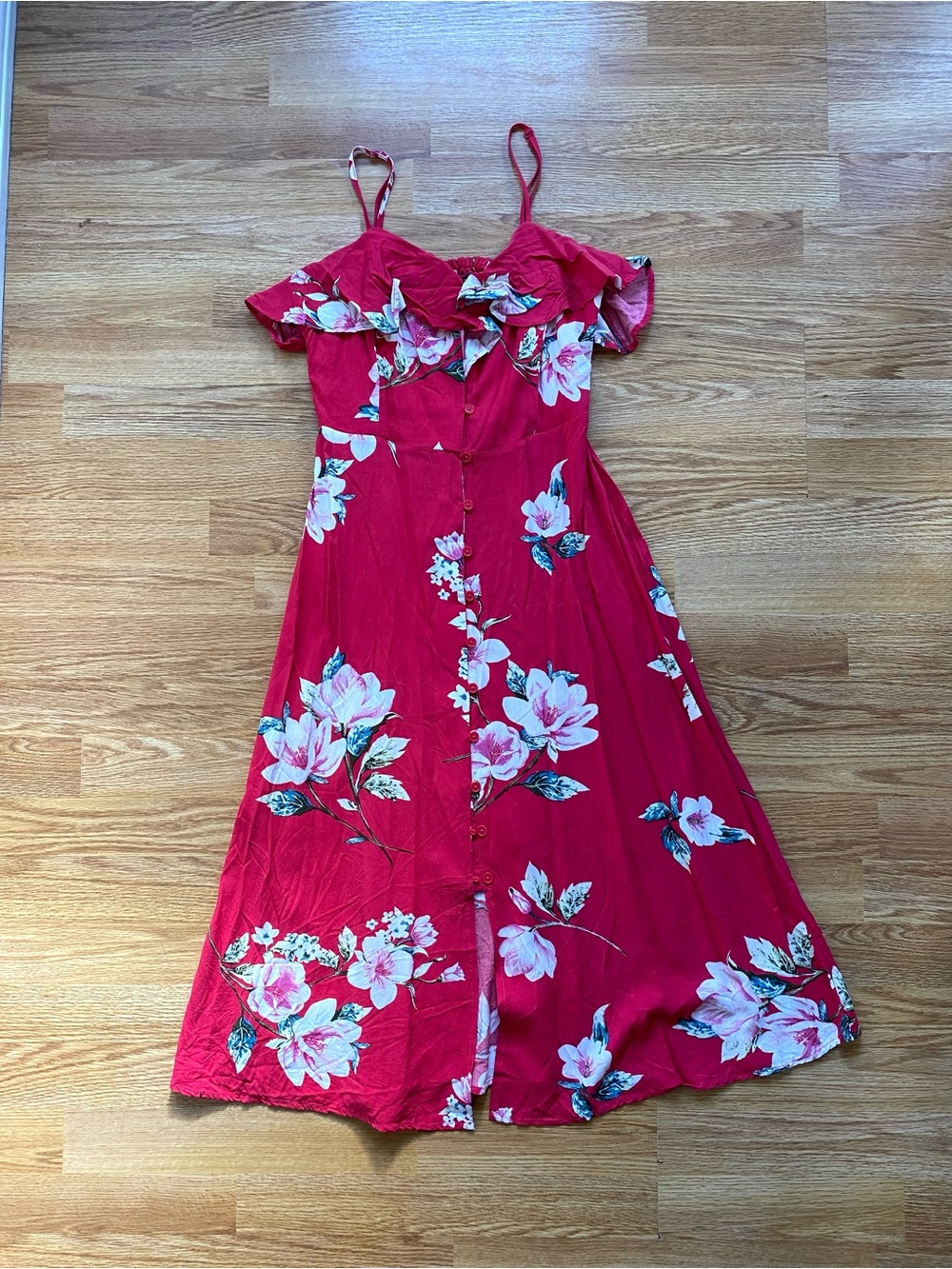 Band of Gypsies Red Floral Off-Shoulder Button-Front Dress